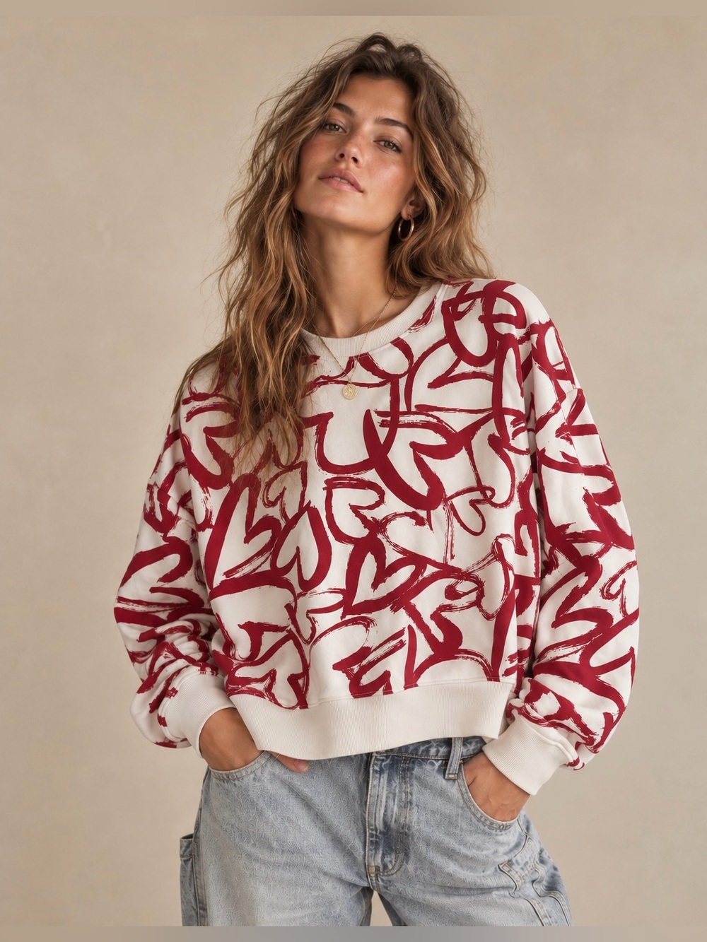 Anthropologie Maeve Heart Printed Sweatshirt - Size XL